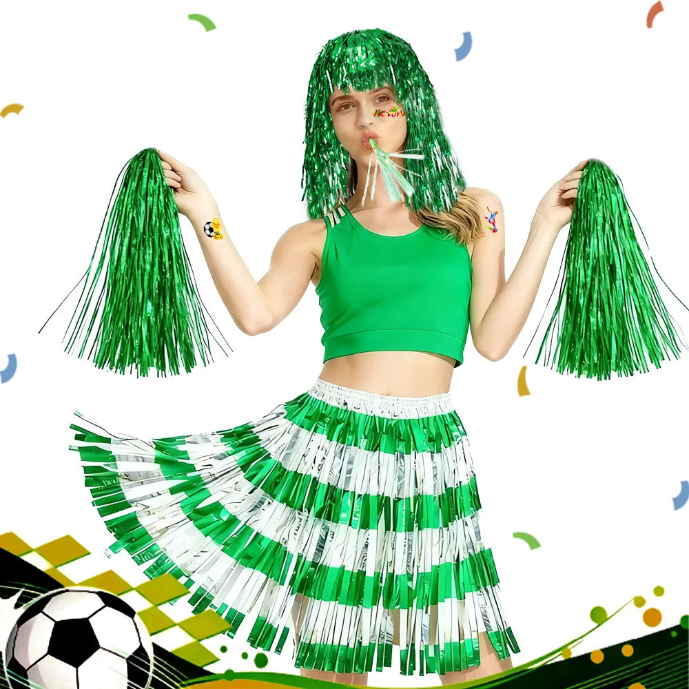 2026 World Football Fans Cheer Outfit, Tinsel Hat, Skirt & Handheld Cheer Stick for Match Support