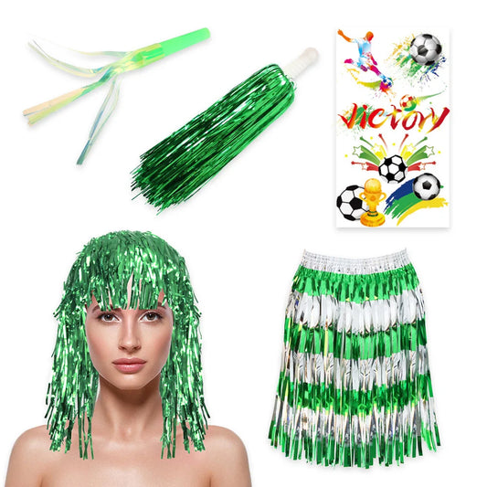 2026 World Football Fans Cheer Outfit, Tinsel Hat, Skirt & Handheld Cheer Stick for Match Support
